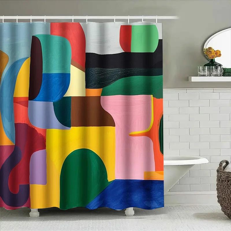 "Abstract Geometric Shower Curtain, Waterproof & Mildew-Resistant Bath Curtain With Vibrant Colors For Modern Art Home Decor"