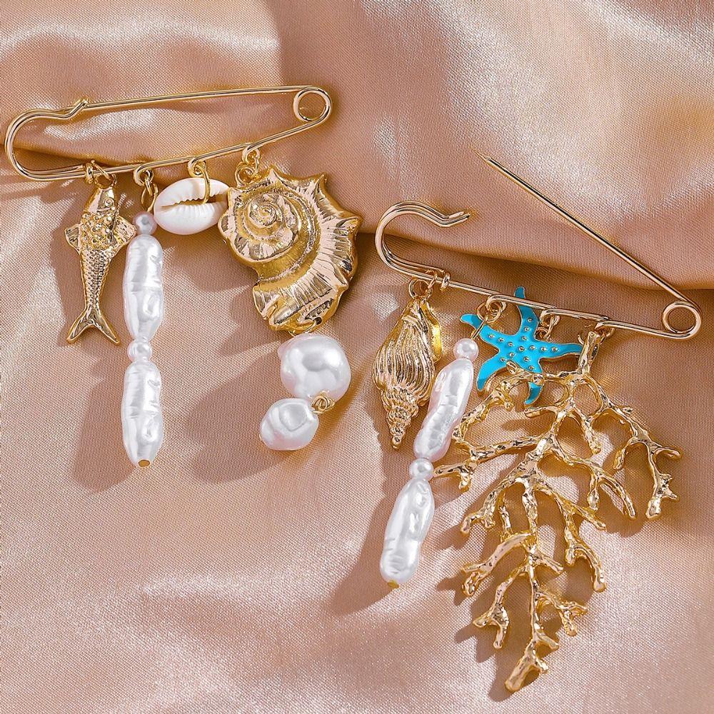 Metal Chain Tassel Imitation Pearl Brooch Gold Color Starfish Brooch Pin  For Women