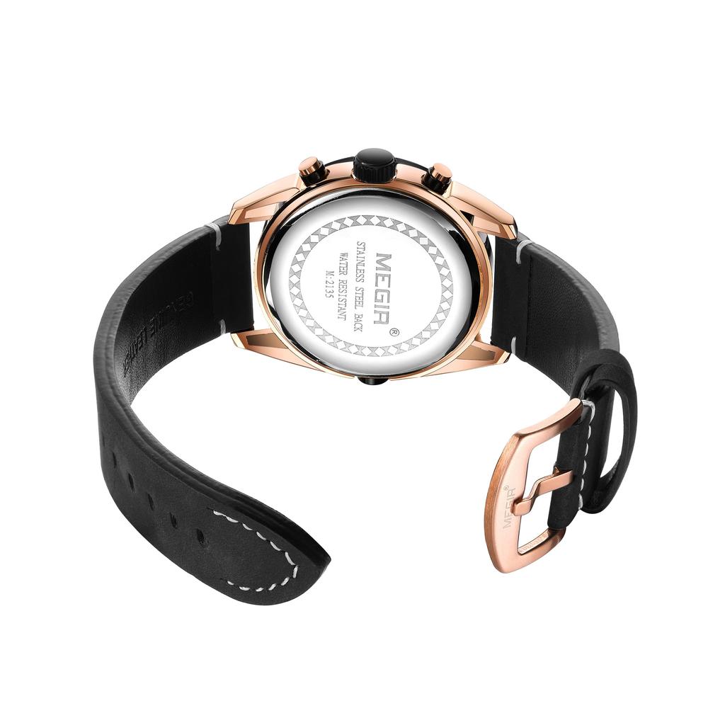 Megir Rose Black Luxury Chronograph Men Watches with Leather Strap