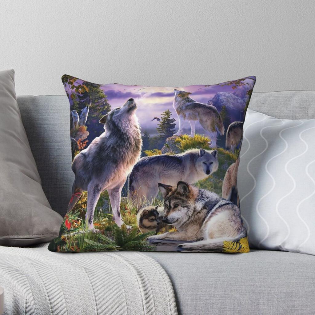 Wolf Pack Square Pillowcase Polyester Linen Velvet Pattern Zip Decor Home Cushion Cover