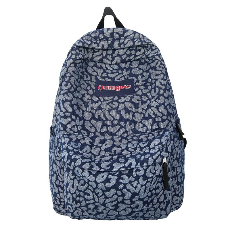 Leopard Print Denim Backpack Student Schoolbag Women Lightweight Backpack