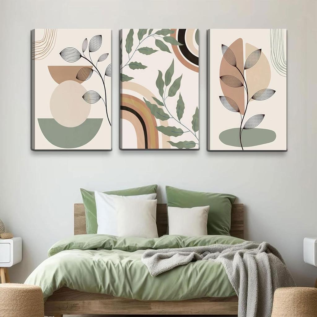 3 pcs Framed Boho Canvas Wall Art Green Sage Botanical Painting Wall Decor Pictures Mid Century Modern Minimalist poster prints for Living Room