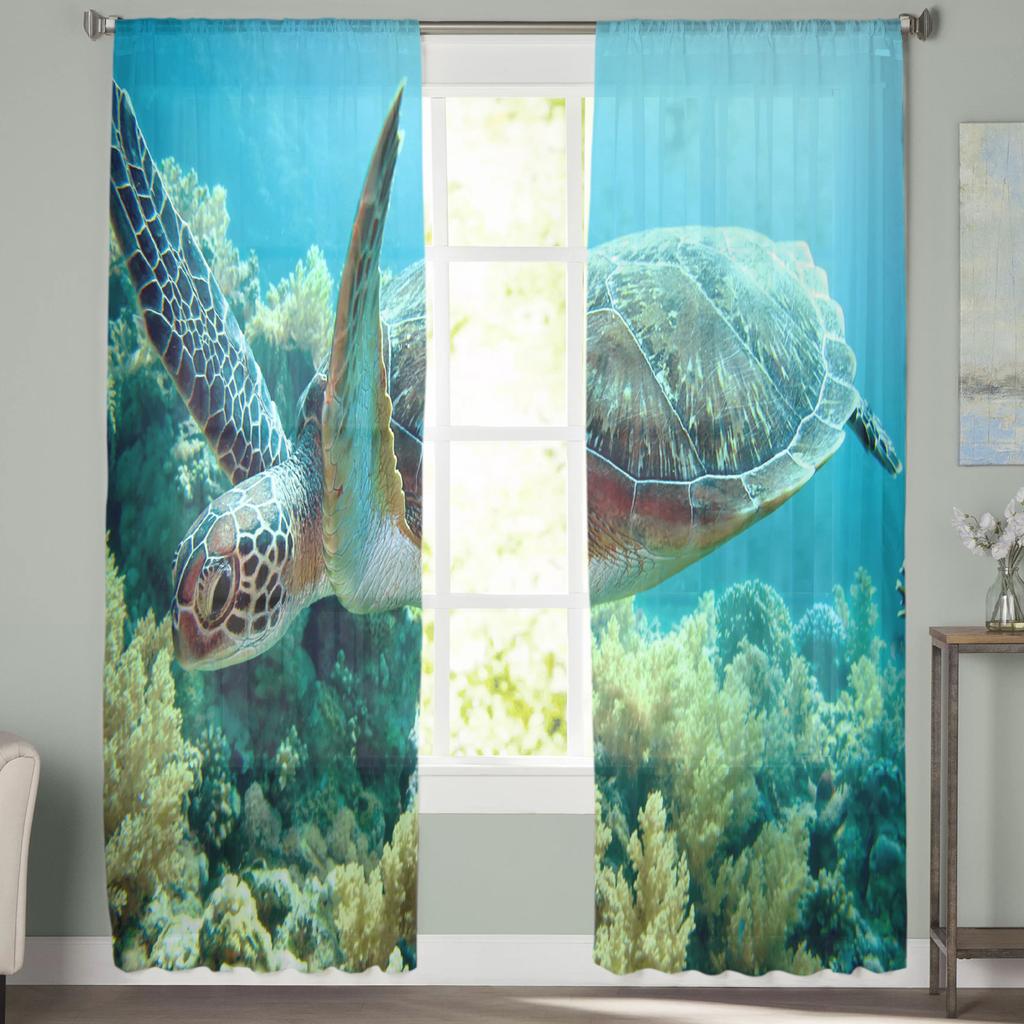 Blue Ocean Green Turtle Tulle Curtains For Living Room Bedroom Decoration Sheer Voile Window Curtains Party Drapes Panels
