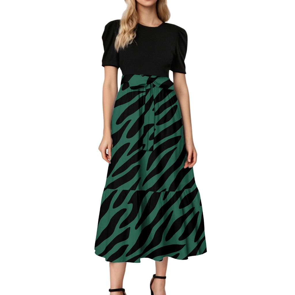 Women's Fashion Casual Belt Short Sleeve Round Neck Floral Stitching Elegant Temperament Dress