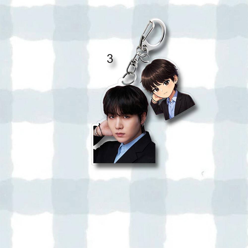 BTS Takım Elbiseli Fotoğraf & Anime Karikatür Çift Akrilik Anahtarlık, Bangtan Boys Gerçek Fotoğraf + Karikatür Figürlü Anahtarlık, ARMY için K-pop İdolü Çanta Süsü