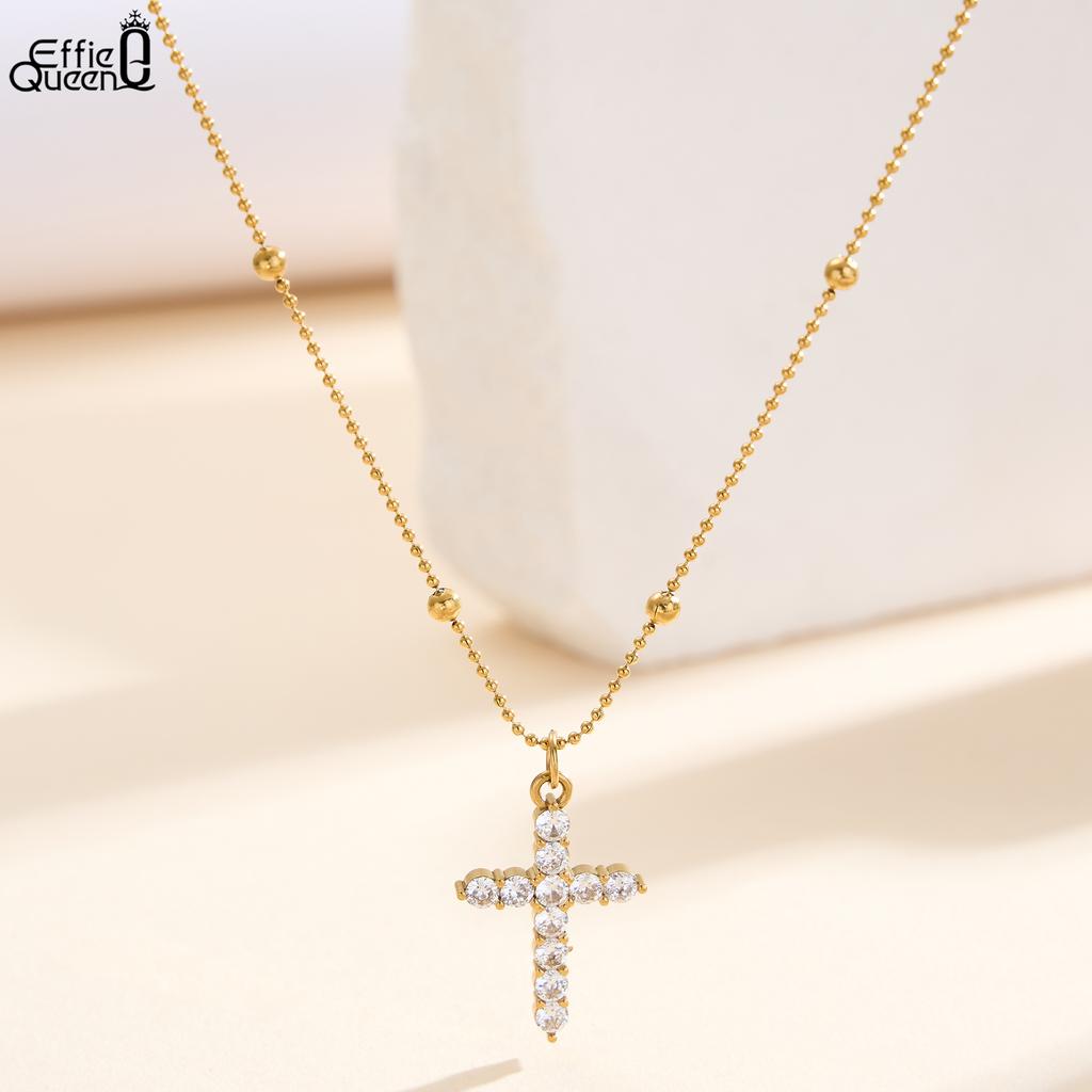 EFFIE QUEEN Stainless Steel 18k Gold Cross Zirconia Pendant Necklace Religious Jewelry for Women, Men Anniversary Gift STKN04