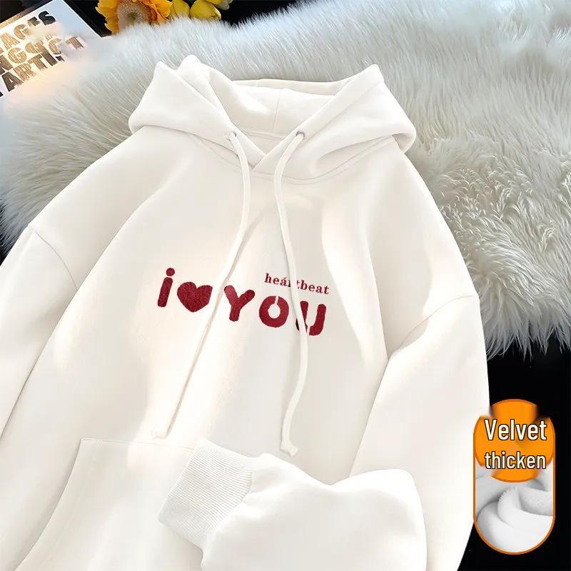 Women's Korean-Style Fleece-Lined Hoodie - Milky Fufu, Loose Fit, Skin-Whitening Effect, Ideal for Autumn/Winter