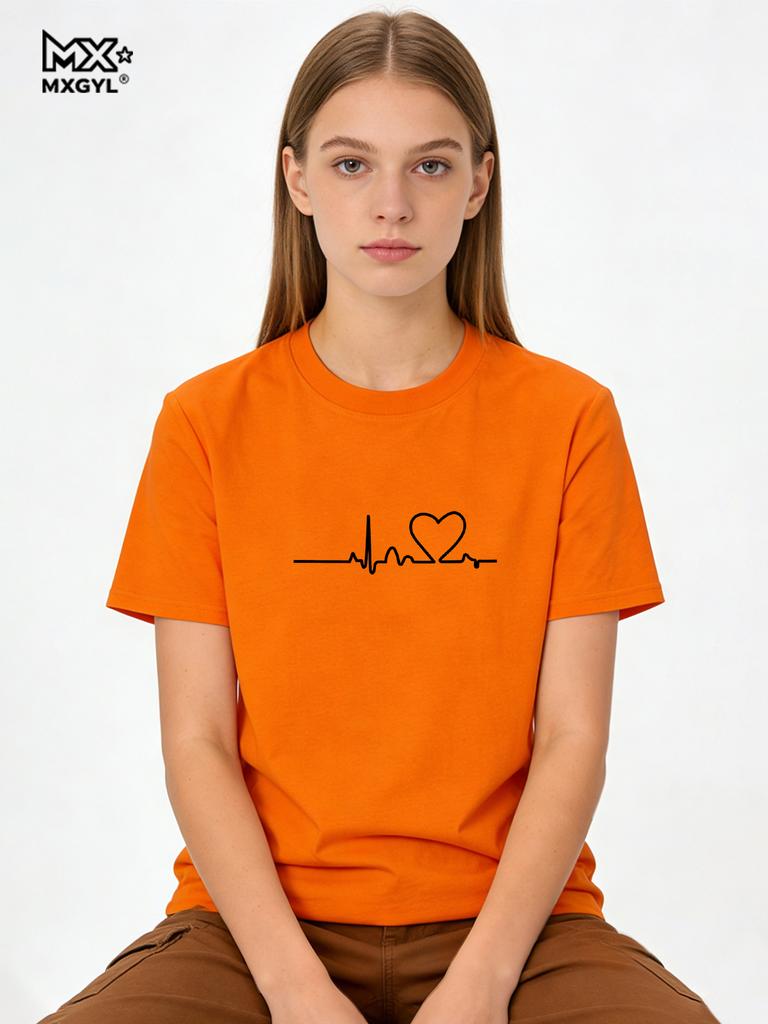 2026 Women's Love Heart Print T-Shirt, Plus Size, Electrocardiogram, Funny Woman Tee Tops, Casual Female T-shirts, Summer