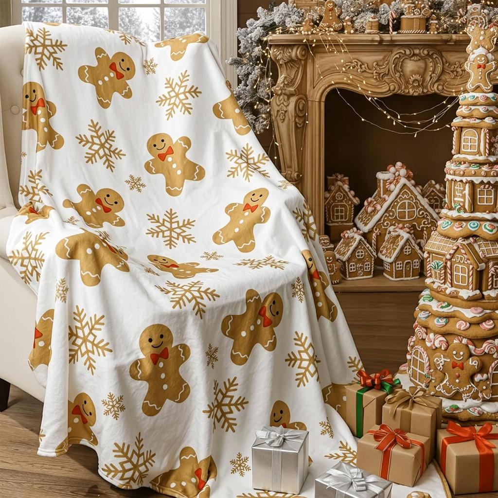 Christmas Gingerbread Throw Blanket: Ultra Soft White Flannel Plush Gingerbread Man Bed Blanket, Lightweight Cozy Christmas