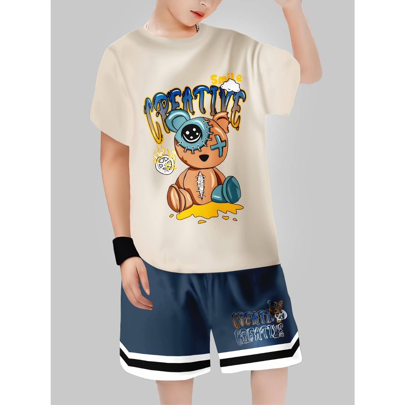 

Boys 3D Printed Creative Graphic T-Shirt & Shorts Set - Casual Crew Neck, Short Sleeve, Regular Fit, Spring 13-14Y