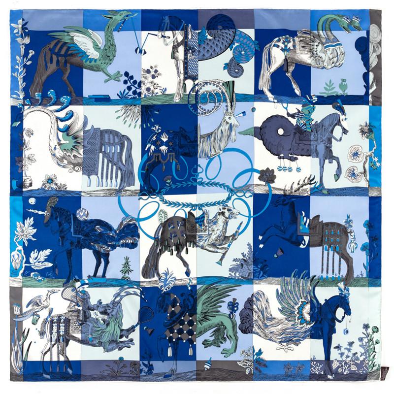 Luxury  Twill Silk Large Scarf Women Handmade Curling Horse Rider Animal Female Twill Square Shawl Fashionbelt Squarescarve