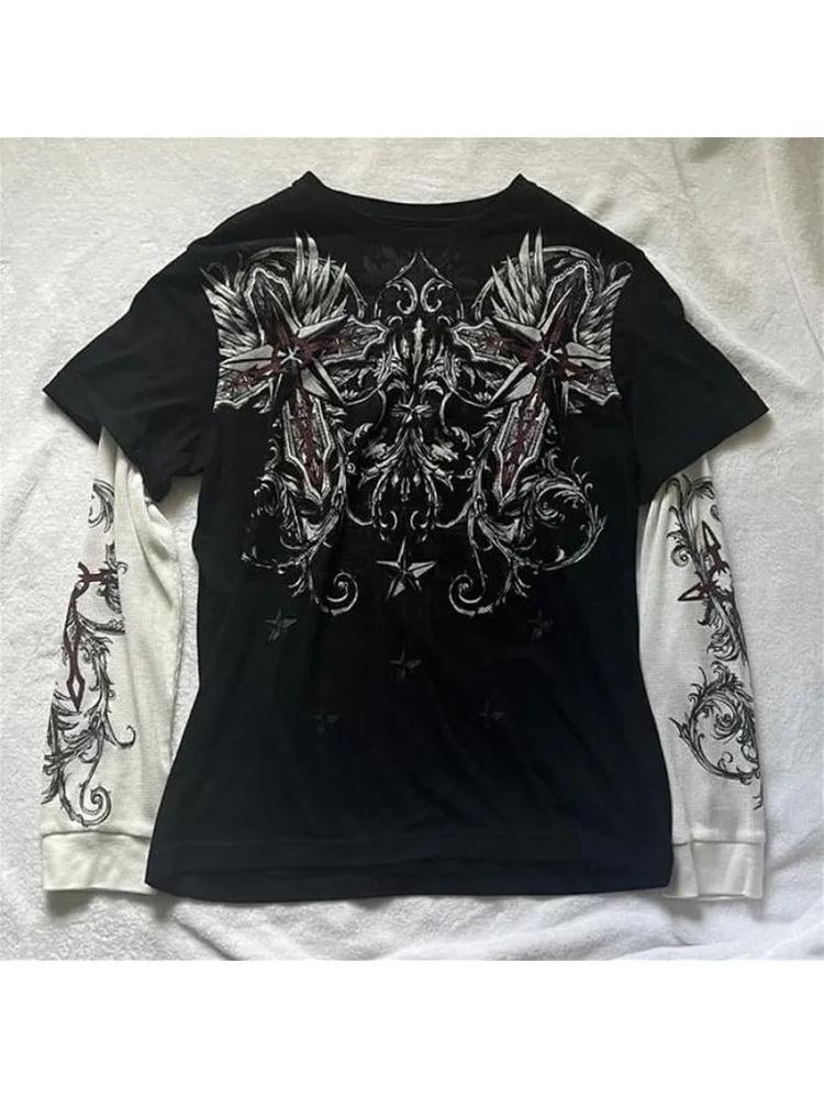 Long-sleeved T-shirt, Loose Fit, Faux Two-piece, Round Neck, Retro Print.