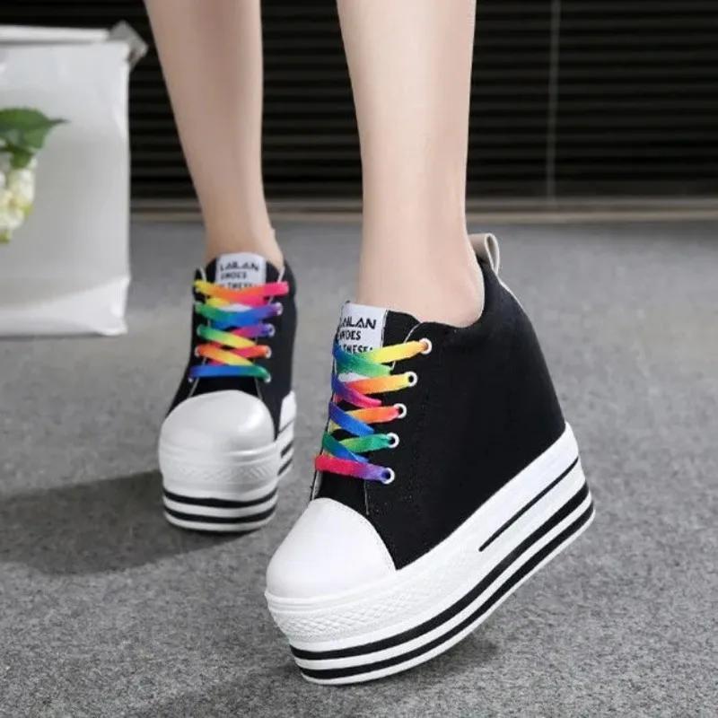 Fashion 2025 New 12CM Heels Wedge Canvas Shoes Woman High Platform Sneakers Vulcanized Shoes Hidden Heel Height Increasing Casual Shoes