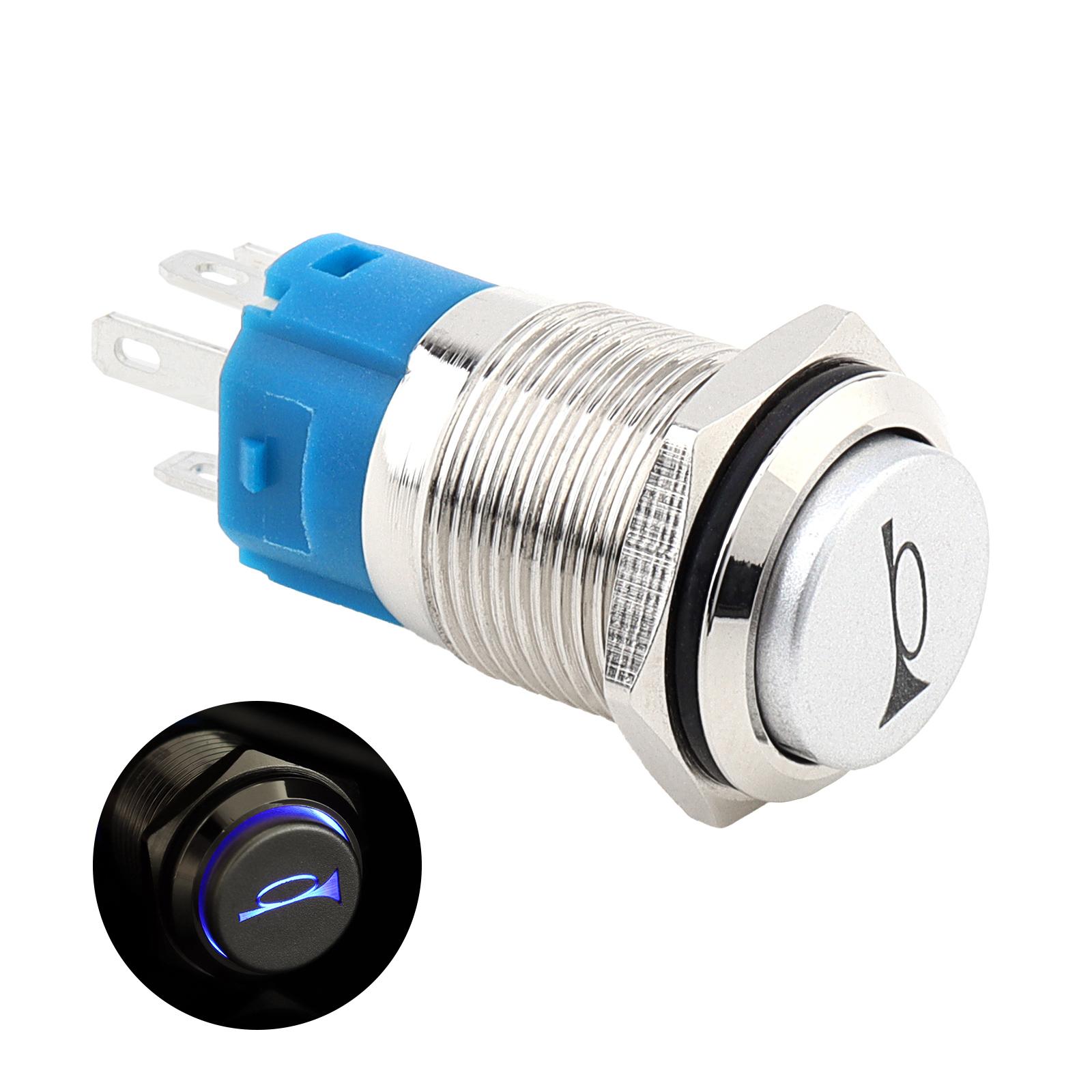 

Переключатель кнопки сигнала 12-24 В с синей подсветкой, 5 контактов, мгновенная кнопка для сигнала динамика, для морской лодки, автомобиля, пневматического поезда, с хвостовым жгутом 16mm Silver