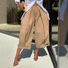 Women's Khaki Wide Leg Cropped Pants with Pleated Detail