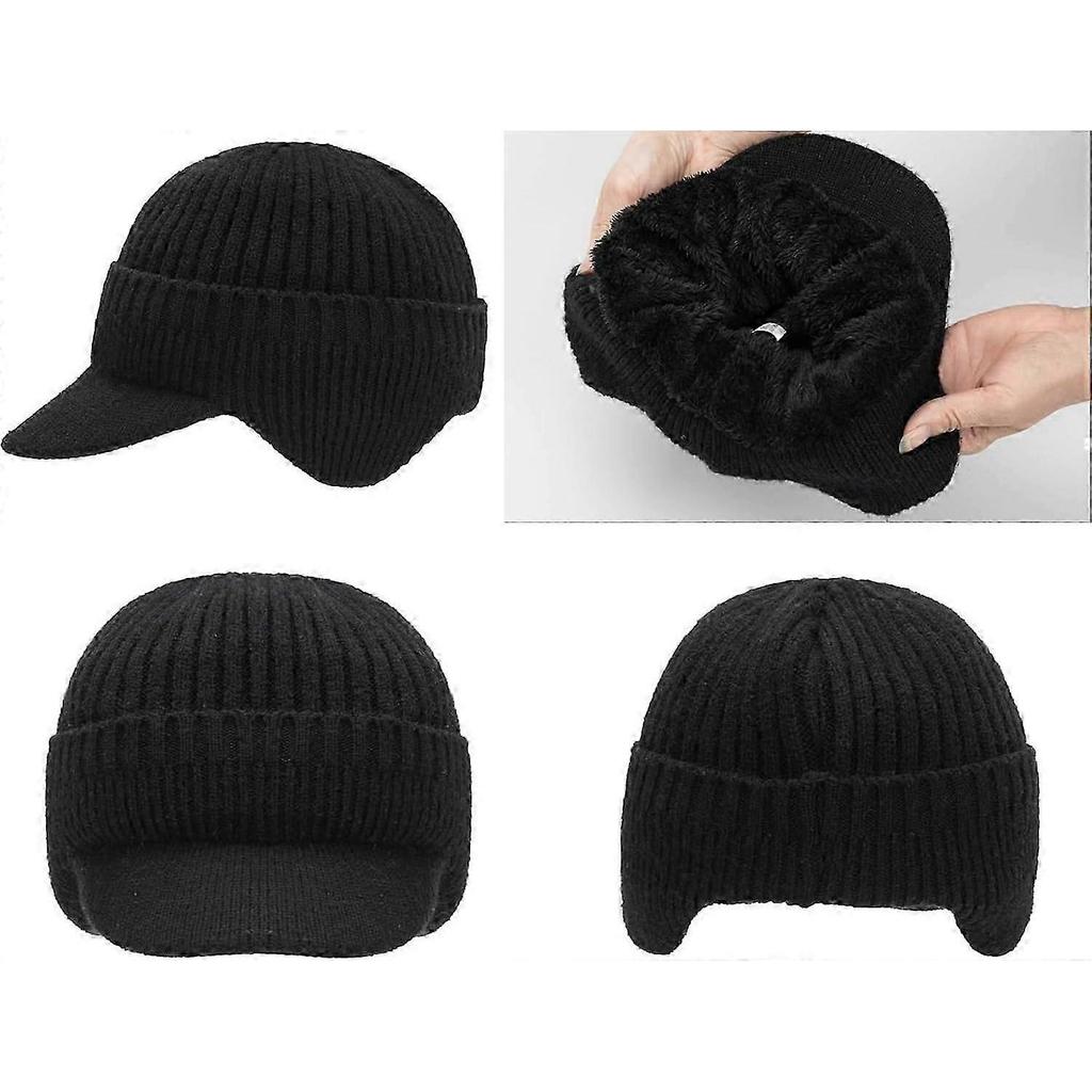 Winter Visor Beanie Hat with Earflaps for Men Warm Fleece Lined Knit Baseball Cap Ski Hat