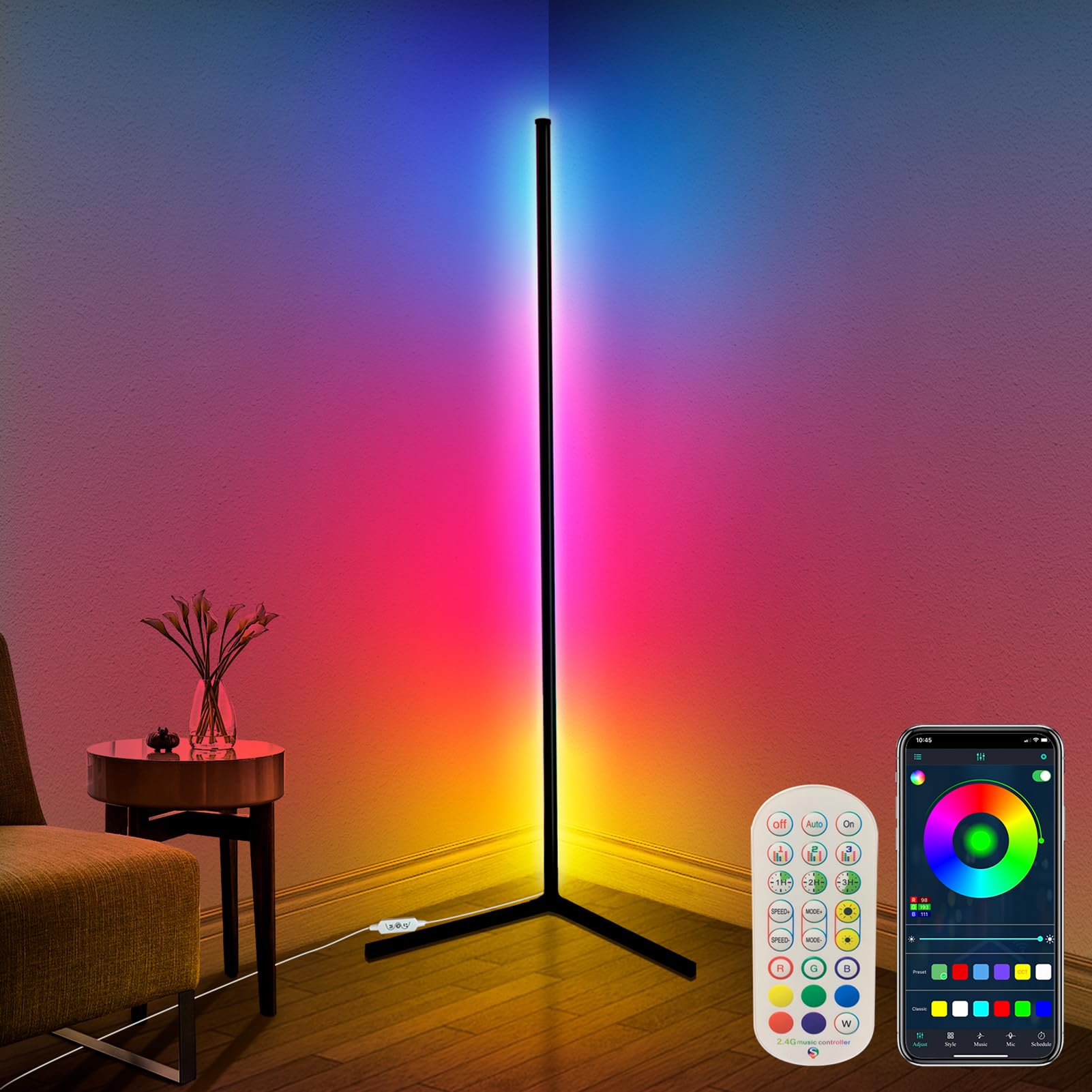 

RGB Color-Changing Floor Lamp, LED Floor Stand, Dimmable and Color-Adjustable, 165cm Tall, Timer Function, Ambient Lighting, Creative DIY Mode &