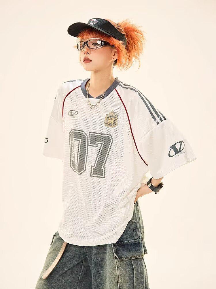 Women's Retro Sport Mesh Rugby T-Shirt: Summer College Style, Loose Fit Short Sleeve