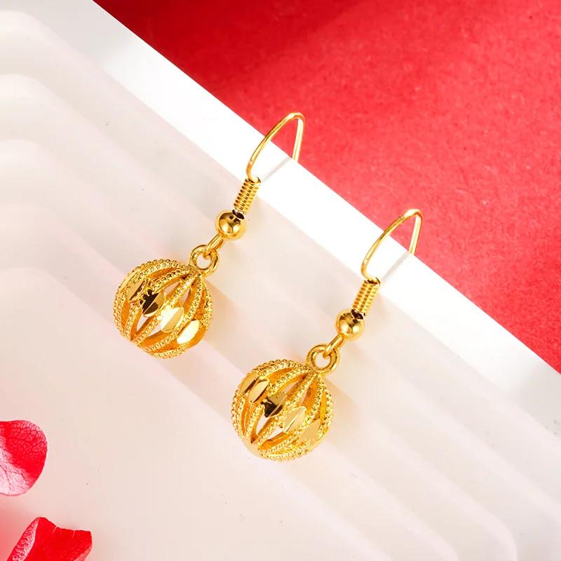 Genuine 18K Gold Color Hollow Bead Drop Earrings Simple Long Elegant Earrings for Women Fine Jewelry Gifts Not Fade
