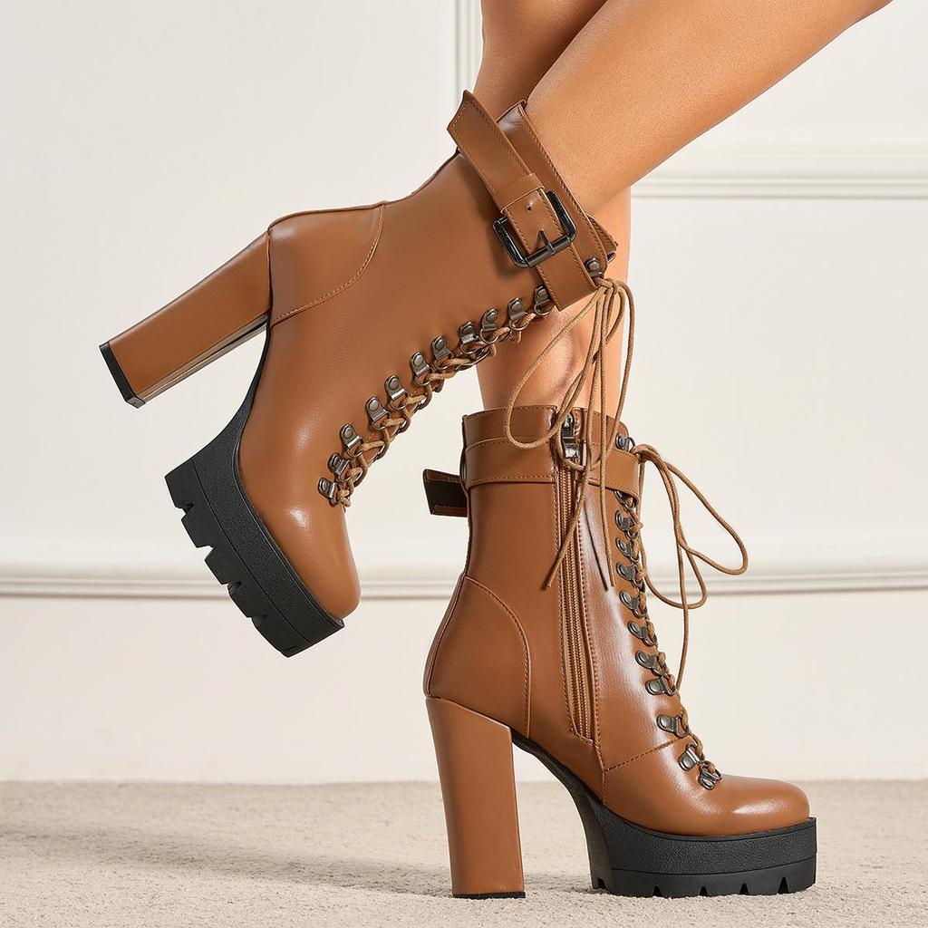 Damen Gothic Plateau High Heel Mittelhohe Motorradstiefel, Stiefel mit dicker Sohle aus Leder, Große Größen erhältlich