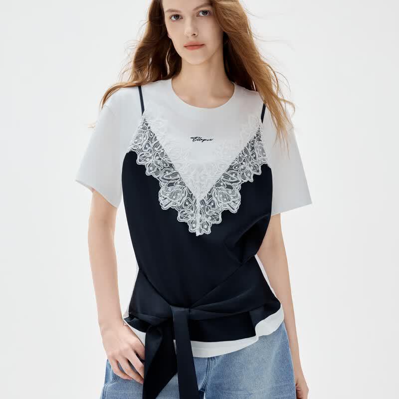 ELLE Faux Two-Piece Lace Patchwork Short Sleeve T-Shirt S белый