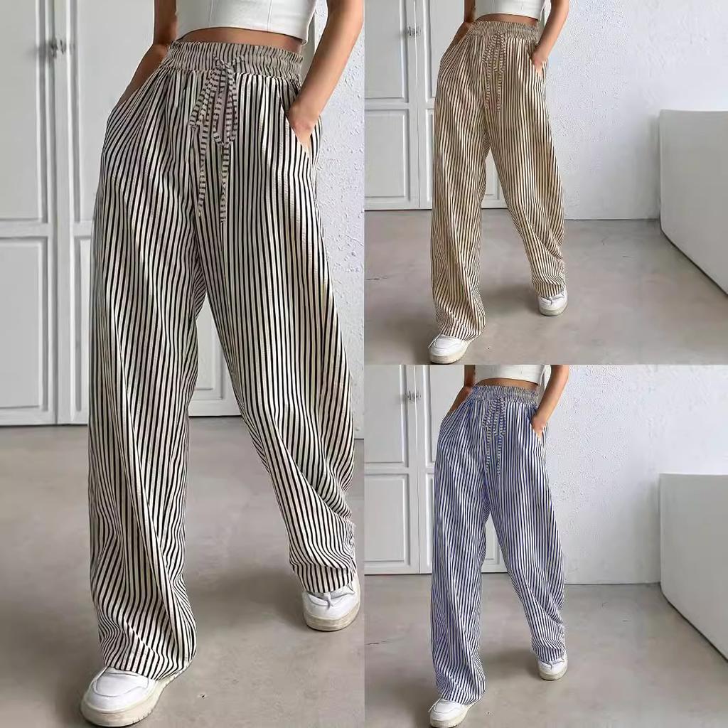 women's Striped Drawstring High Waist Wide Leg Pants Casual Loose Straight Leg Trousers