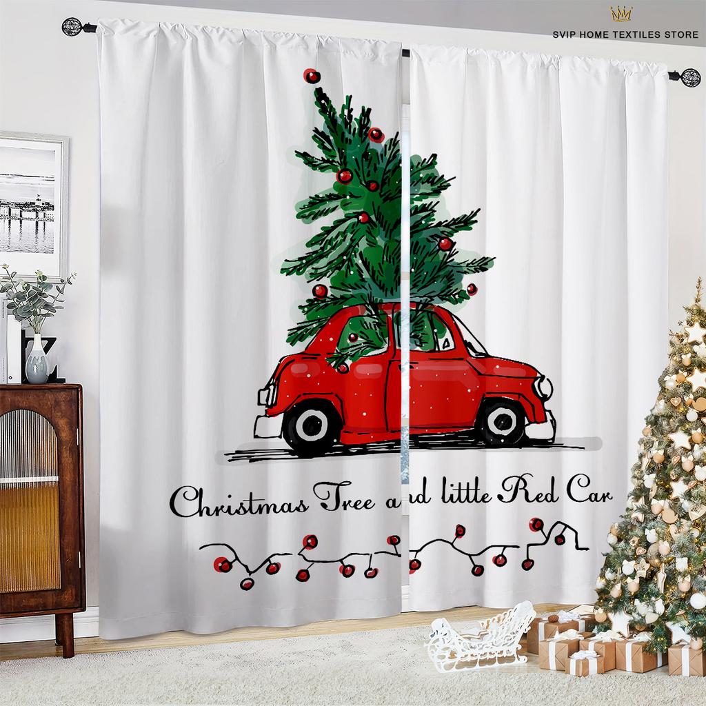 Christmas Animated Design Pattern Print Curtain, Snowflake Ball, Burgundy Car, Bedroom, Restaurant, New , Holiday Party Decoration, 2 Pcs
