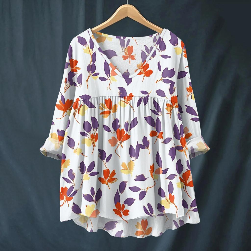 Damen Modisches Und Lässiges Hemd Langärmlig V-Ausschnitt Druck Baumwolle Und Leinen Bluse