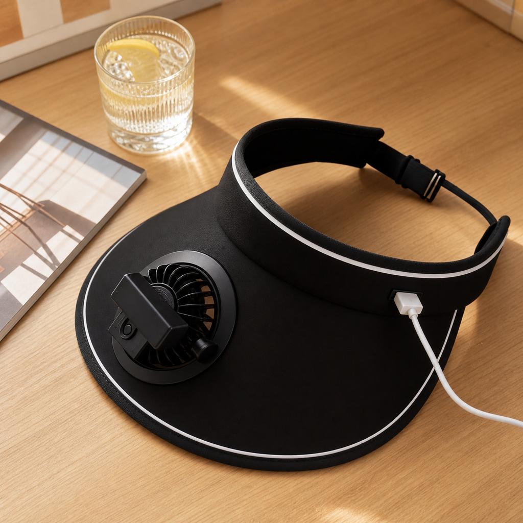 USB-wiederaufladbare Stoff-Sonnenblendenmütze mit eingebautem Ventilator, einstellbarer Luftstrom, drei Geschwindigkeitsstufen, leichte, atmungsaktive Kühlkappe für den Außenbereich