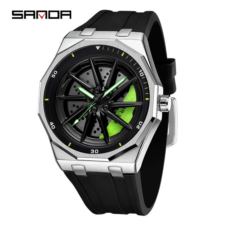 Sanda Brand Men's 360° Rotating Wheel Hubcap Design Quartz Watch Fashion Sports Silicone Waterproof For Daily Wear Hollow Watch