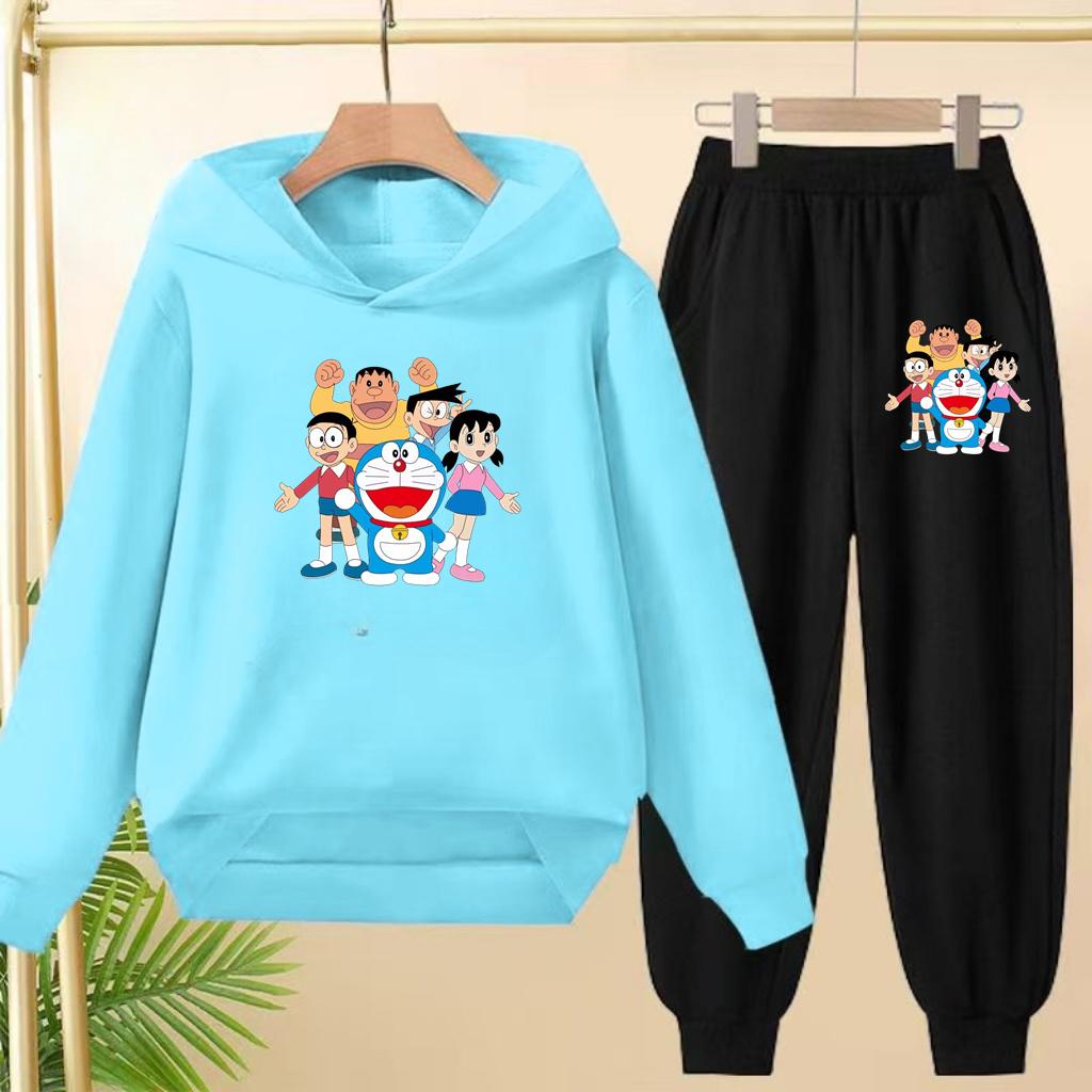 Doraemon Winter Warm Children's Hoodie Set, Casual Sporty Hooded Long Shirt and Long Pants Suitable for Boys Girls Aged 3 To 12