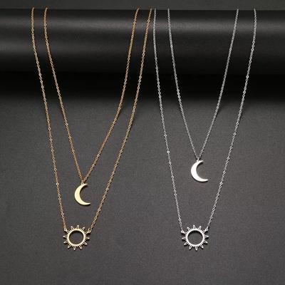 Elegant Titanium Steel Sunflower Moon Double Chain Pendant