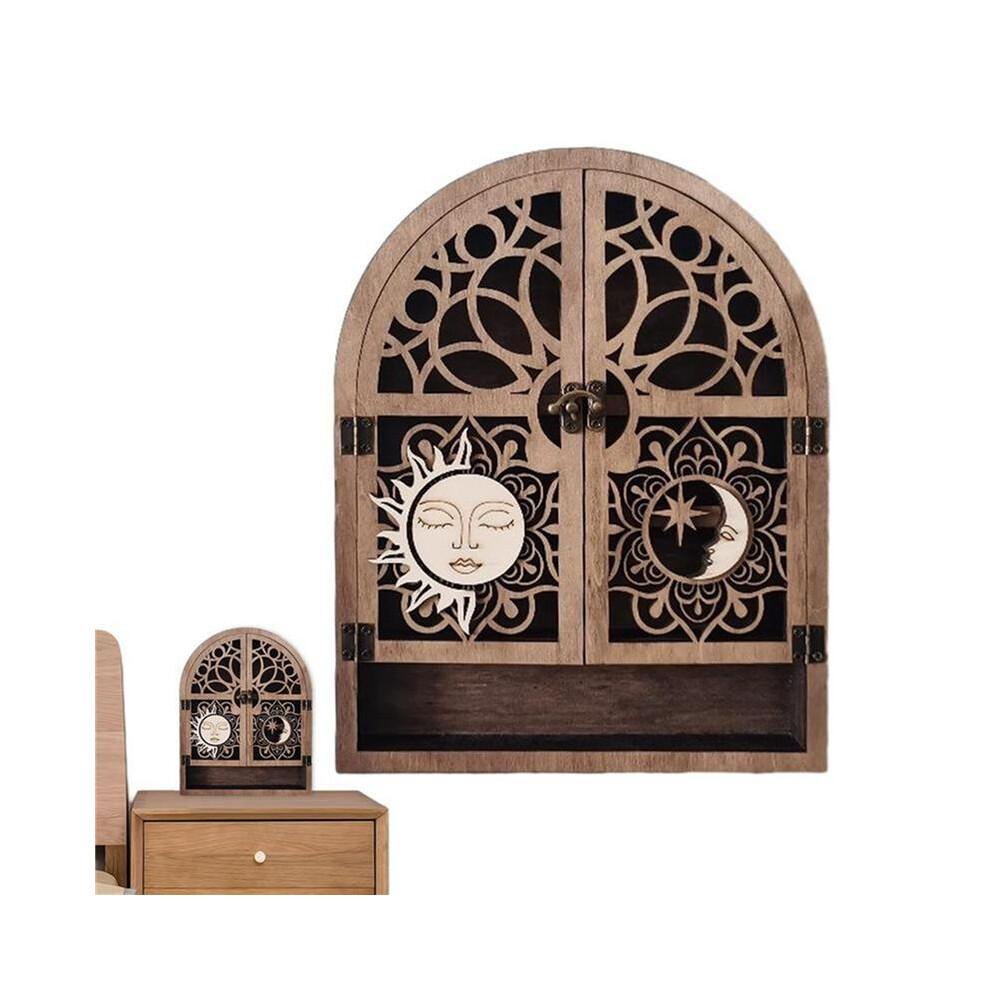 2X Sonnen-Mond-Kristall-Ausstellungsständer, 4 Regale, Natürliches Holzregal, Gothic-Hexe-Kristall-Vitrine für Wohnzimmer