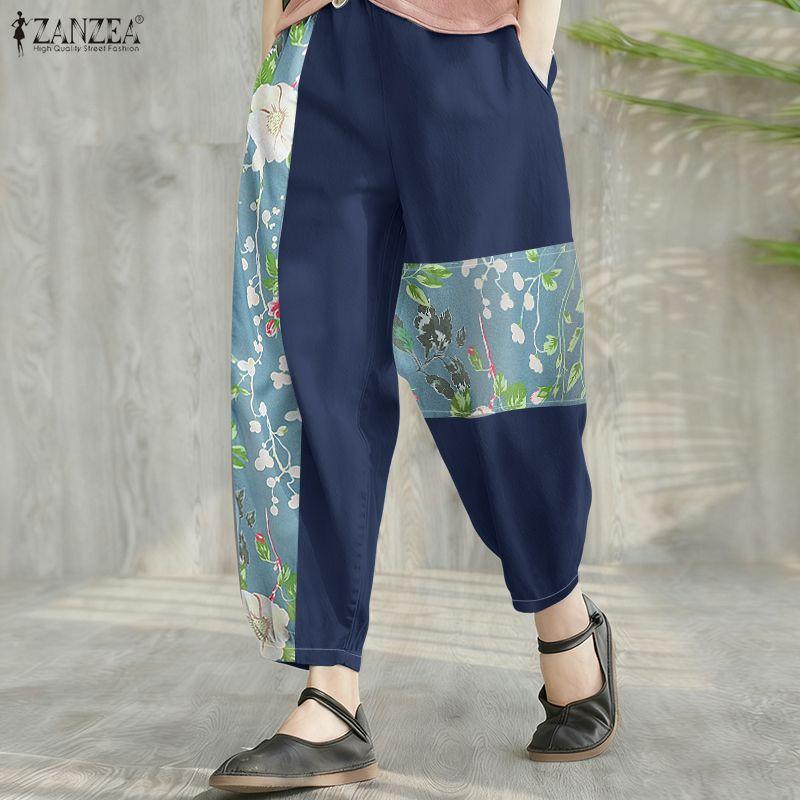 ZANZEA Women Casual Elastic Waist Loose Print Cropped Pants