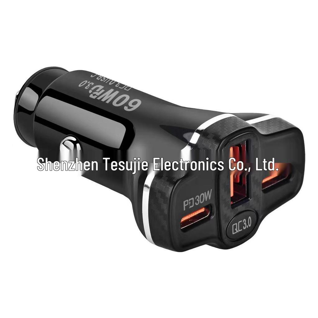 Apple-Compatible Super Fast 60W Car Charger with Three Ports (Dual USB-C)