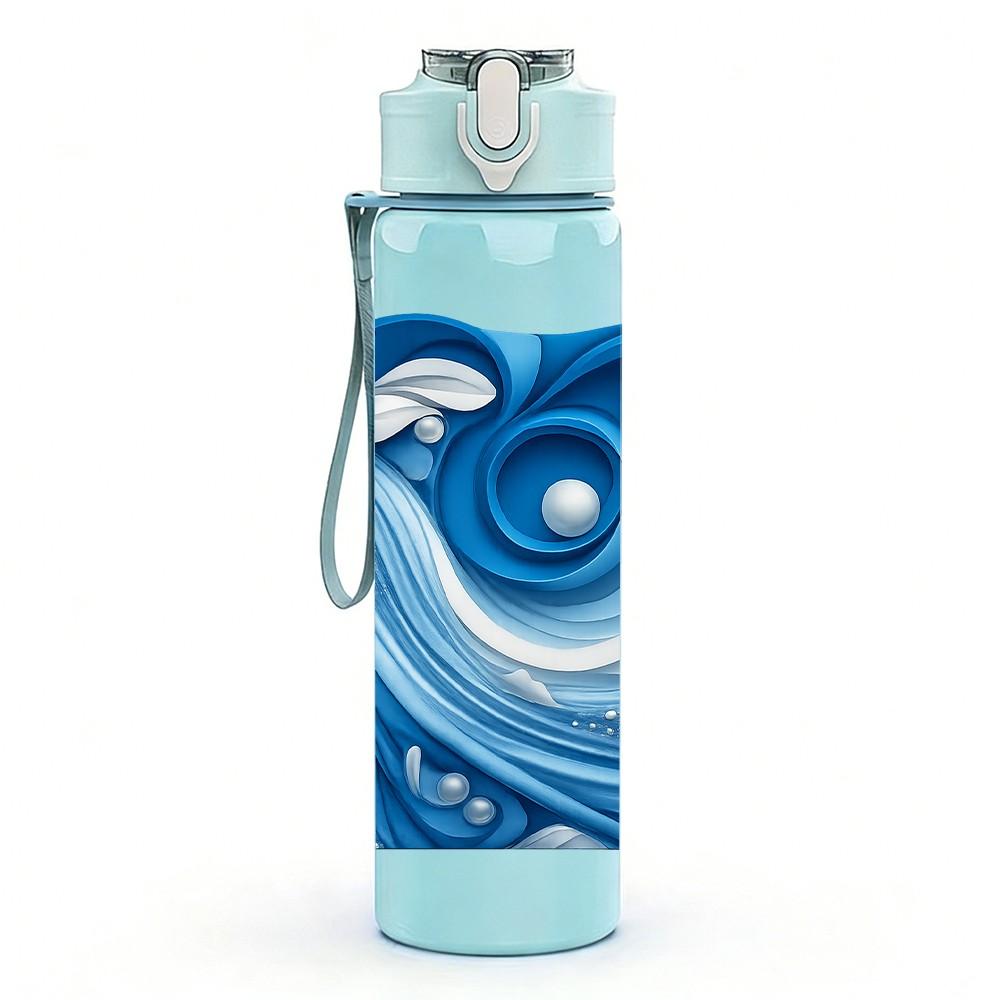 1PC Blue Ocean Wave Swirl Art Print 750ml Color Plastic Sports Water Bottle Leakproof Flip Straw Lid Suitable for Sports Office Home Use
