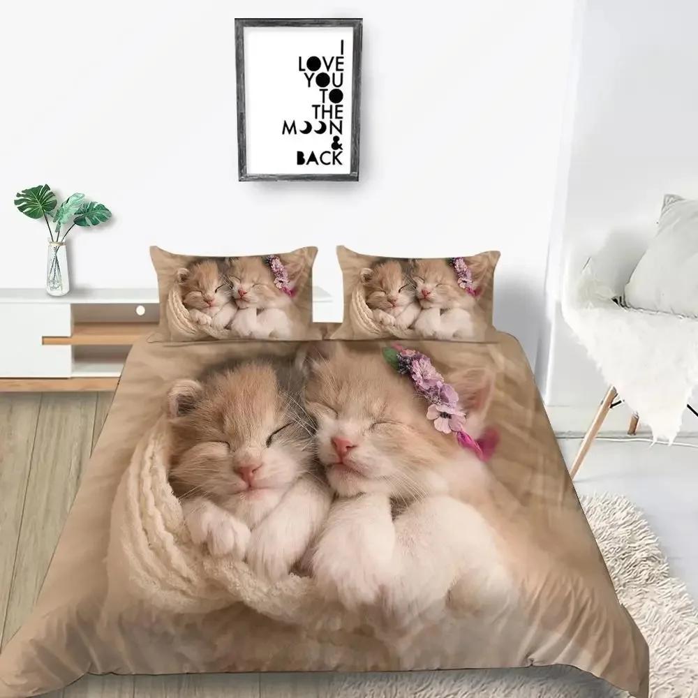 Set Husă Plapumă Pisică Mărime King Microfibră Imprimeu Animal Drăguț Fată Adolescent Băiat Husă Plapumă Model Serie Pisicuță Drăguță Set Lenjerie de Pat