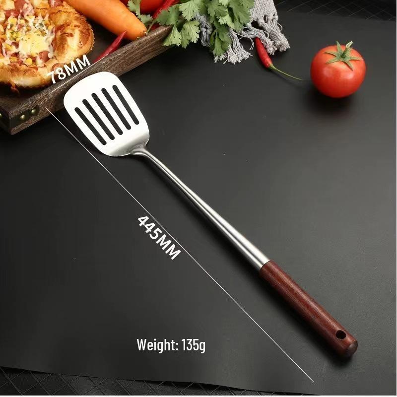 Stainless Steel Spatula with Extended Wooden Handle - High-Temperature Resistant, Anti-Scald Kitchen Utensil for Frying and Stir-Fry Cooking.
