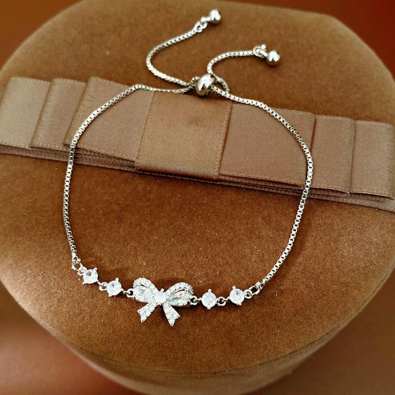 Elegant Zircon Bowknot Bracelet Women Minimalist Luxury Daily Wear Adjustable Copper Chain Jewelry