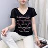 Summer New Short Sleeve Sexy Lace Letter Heart T-shirt Shirt Women Casual V-Neck Hot Diamonds Tees Ladies Elegant Pullover Tops