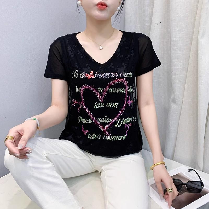 Summer New Short Sleeve Sexy Lace Letter Heart T-shirt Shirt Women Casual V-Neck Hot Diamonds Tees Ladies Elegant Pullover Tops