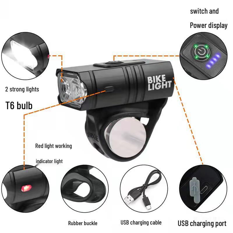 2*T6 USB Wiederaufladbares Aluminium Fahrradvorderlicht mit Leistungsanzeige für Nachtfahrten