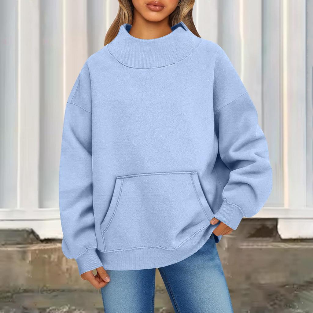 Damen Modisch Lässig Einfarbig Rundhals Langarm Tasche Sportlich Lässig Pullover Sweatshirt Top