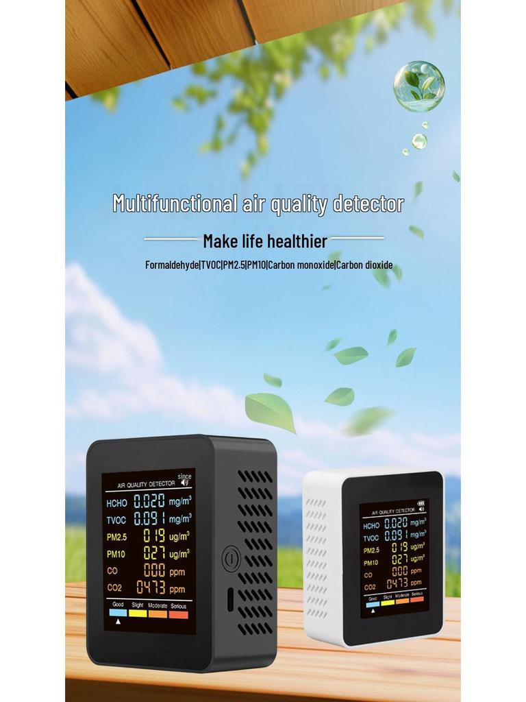 6-in-1 Indoor Air Quality Monitor: Formaldehyde, Humidity, Temperature, CO2 Detector