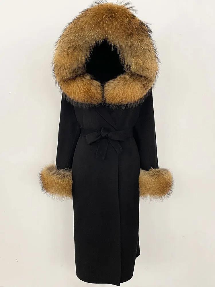 OFTBUY Winter Women Coat Real Natural Fox Fur Hooded Detachable Collar Double-faced Woolen Jacket Long Casual Elegant Overwears