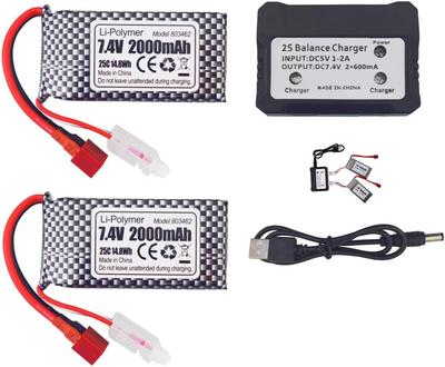 2× 7.4V 2000mAh LiPo Batteries with T-Plug + Dual USB Charger – Compatible with RC 9200, 9200E, 200E, 9202E, HM101, 9125, S920, S921, HB101