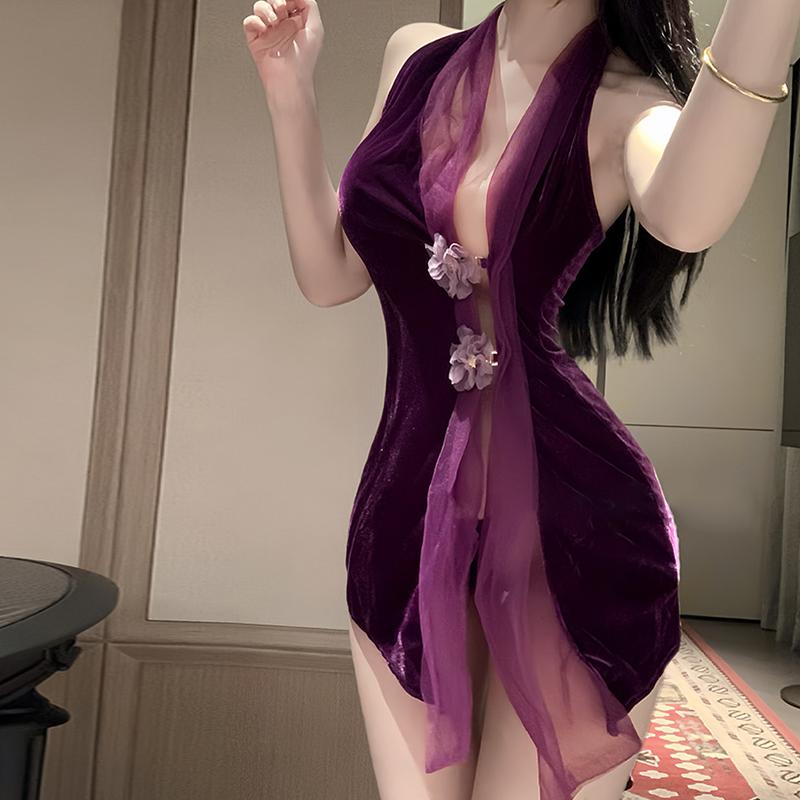 Sexy Lingerie Purple Velvet Slit Cheongsam Pure Desire Uniform Women Pajamas Set