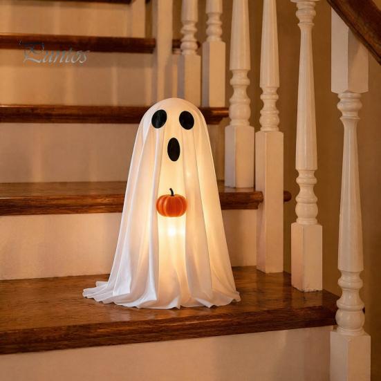 Children Party Favors Halloween Ghost Decoration, Light-Up White with Pumpkin, Indoor Holiday Home Decorations Cute Standing Tabletop for Decor