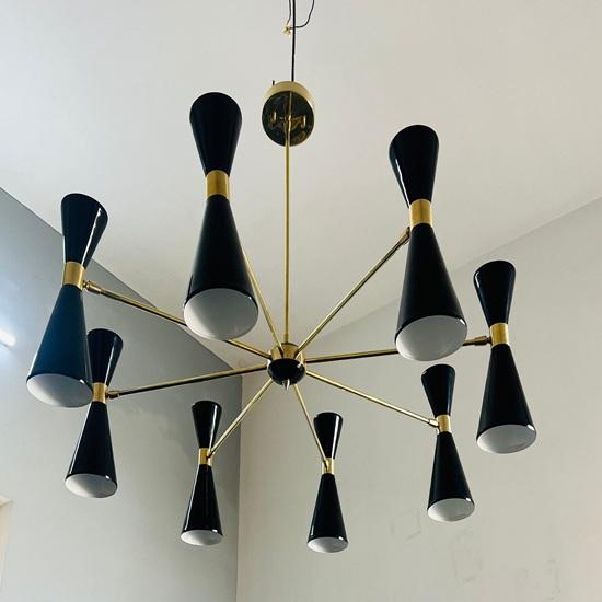 Handmade 8-arm brass Sputnik chandelier in the Mid-Century Stilnovo style