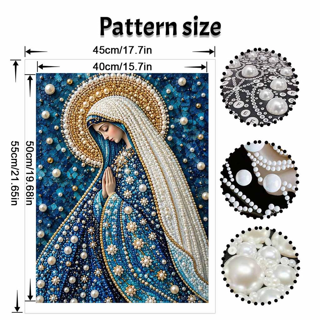 DIY Framed Pearl Bead Art Kit Religious Virgin Mary Pattern Sparkling Canvas Painting for Modern Room Wall Decor Gift